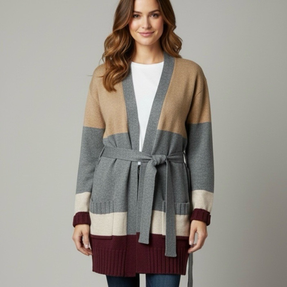 LOFT Women's Belted long Cardigan Gray Tan Burgundy Soft Cotton XS like new